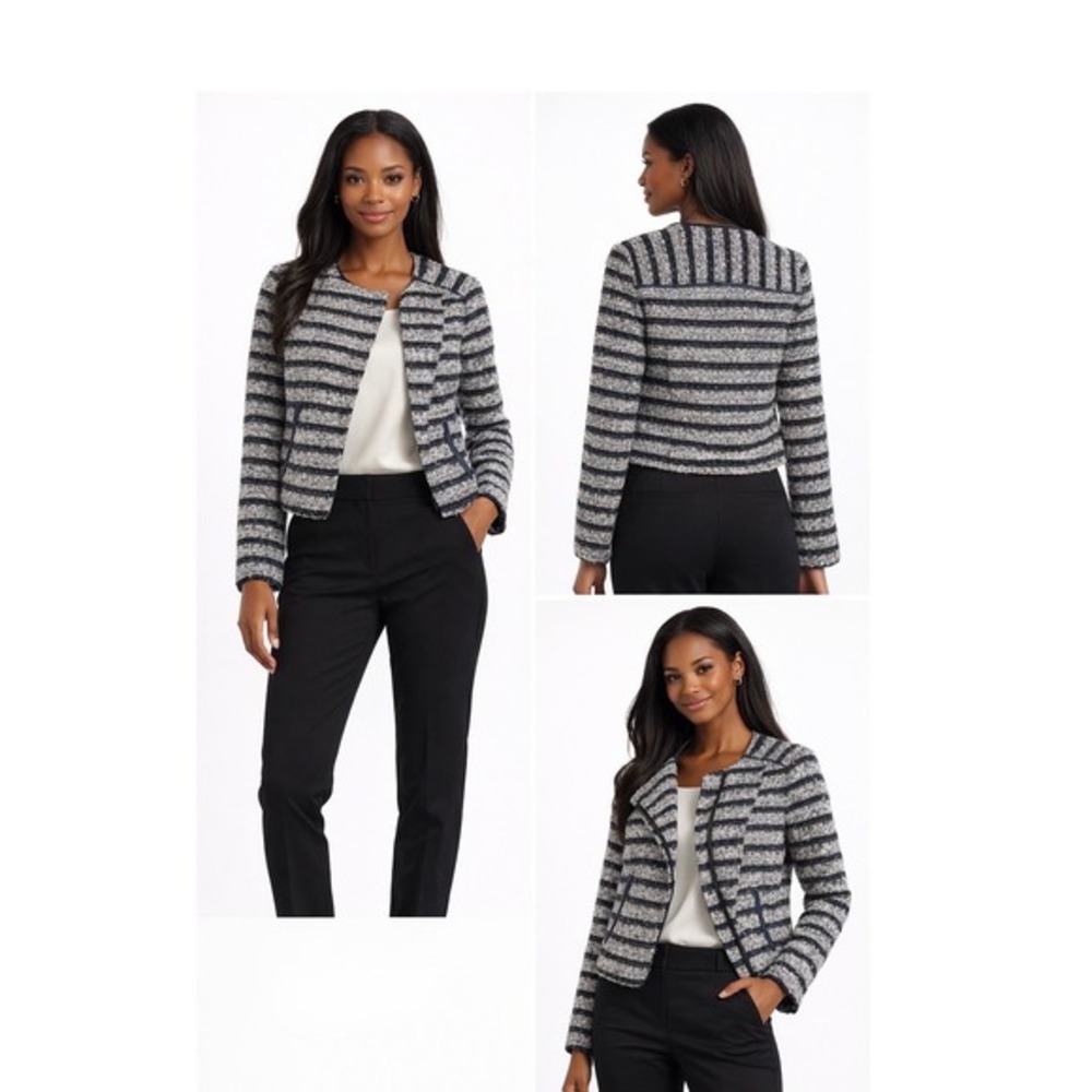 Ann Taylor LOFT Striped Tweed Jacket Navy Blue White Collarless Blazer 6 89-10